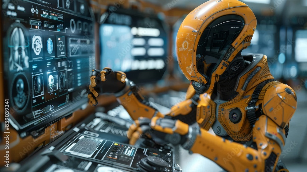 An orange alien in a futuristic space station, interacting with advanced technology and holographic interfaces, detailed environment An orange alien in a futuristic space station, interacting with advanced technology and holographic interfaces, detailed environment