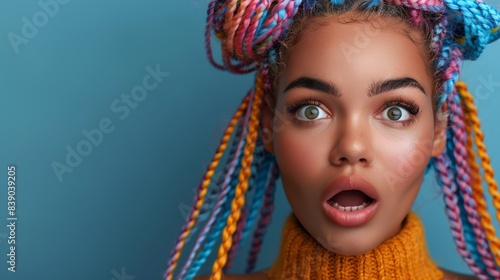 Young woman with colourful braids hair, screaming or shouting, surprised look.