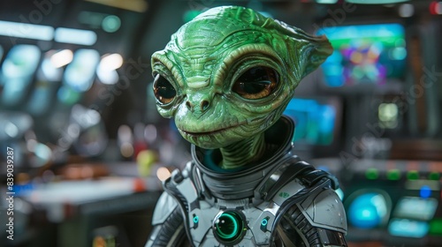 Big-eyed green alien in a cutting-edge science lab, interacting with floating holographic elements, detailed futuristic attire