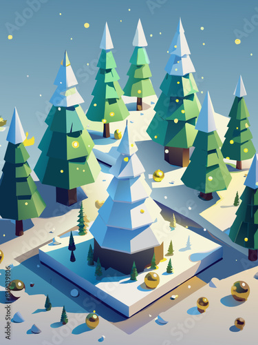 Enchanting Winter Wonderland Scene with Snowy Pine Trees and Festive Lights