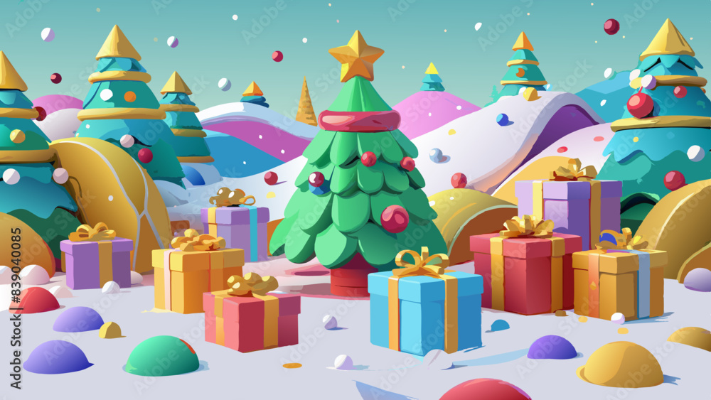 Colorful Winter Wonderland with Festive Christmas Trees and Gifts Colorful Winter Wonderland with Festive Christmas Trees and Gifts