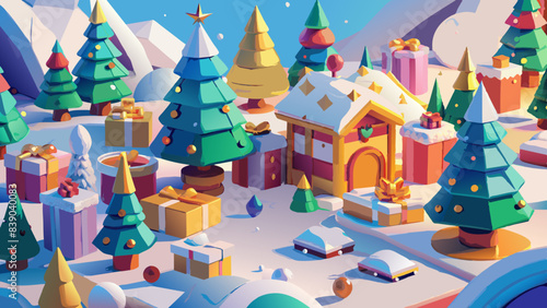 Vibrant Winter Wonderland with Festive Decorations and Snowy Landscape