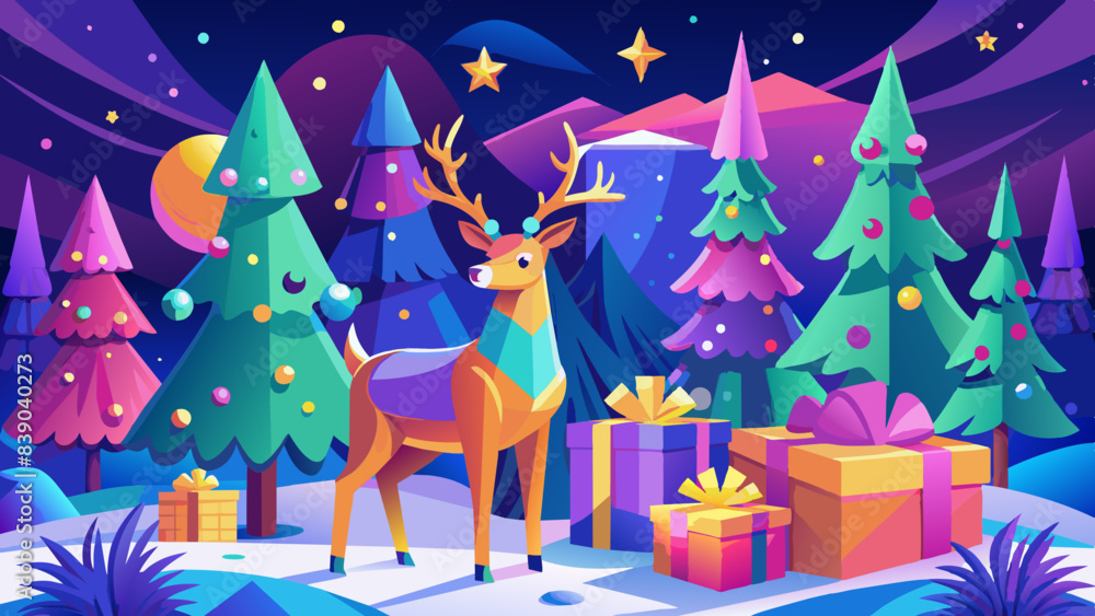 Naklejka premium Enchanted Forest at Night with Majestic Deer and Festive Christmas Trees