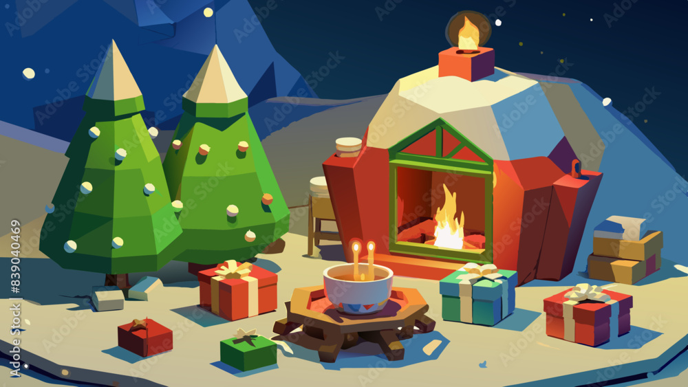 Cozy Winter Cabin with Festive Christmas Gifts and Warm Fireplace Cozy Winter Cabin with Festive Christmas Gifts and Warm Fireplace