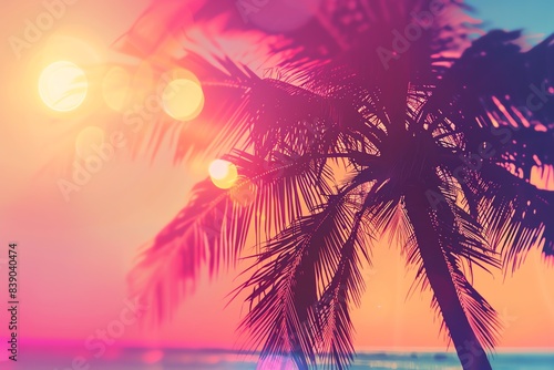 Sunset beach scene with a silhouetted palm tree and vibrant colors. Perfect for summer and vacation themes  capturing tropical ambiance.