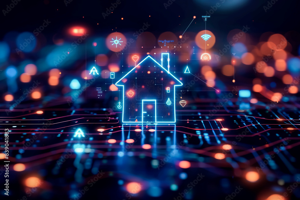 Obraz premium Schematic diagram of a smart home with a central home chip.