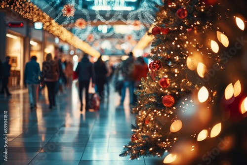 Shopping mall decorated for Christmas time. Crowd of people looking for presents and preparing for the holidays. Abstract blurred defocused image background. Christmas holiday, shopping, Generative AI © Pixel Anjali