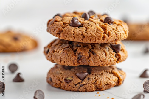 Crunchy chocolate chip cookies stacked with crumbs and scattered chocolate chips in a cozy kitchen setting