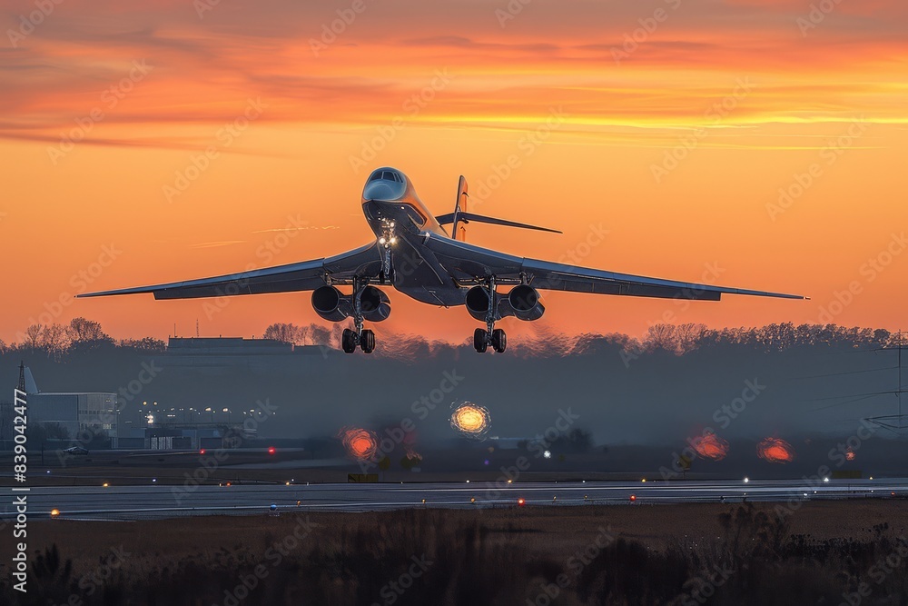 Hypersonic passenger jet takes off from an airport runway at sunset, with the evening sky ablaze with orange and red hues Hypersonic passenger jet takes off from an airport runway at sunset, with the evening sky ablaze with orange and red hues