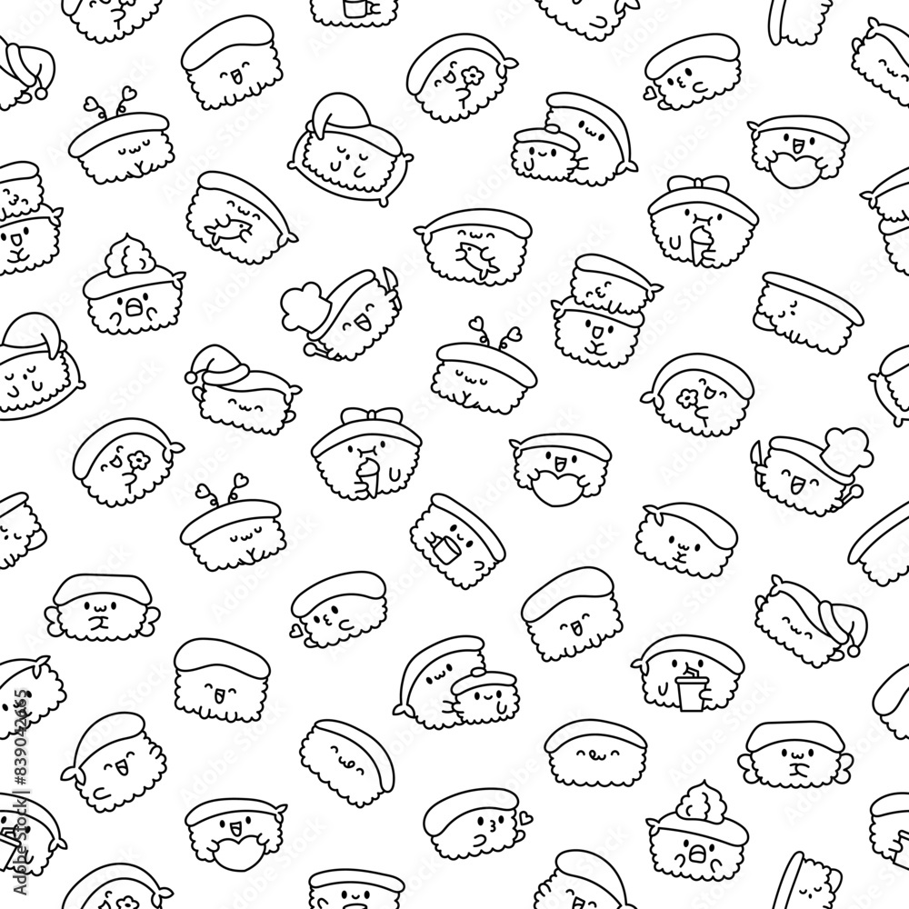 Obraz premium Funny kawaii sushi with cute faces. Seamless pattern. Coloring Page. Japanese traditional cuisine dishes characters. Hand drawn style. Vector drawing. Design ornaments.