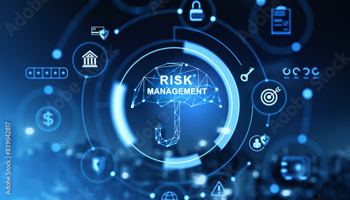 Glowing risk management hologram with safety icons and indicators photo