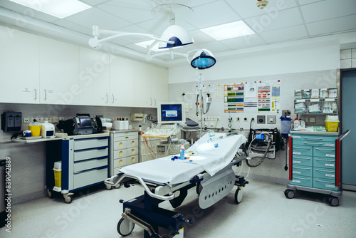 Empty trauma room prepared for Covid 19 patients in hospital photo