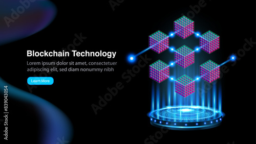 Futuristic Blockchain Technology Concept Banner and Background: Block Chain, Big Data, AI, Artificial Intelligence, Deep Learning, Edge Computing. Vector Illustration.
