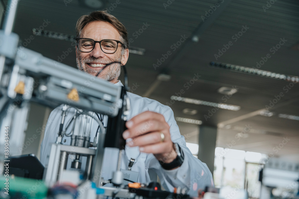 Smiling mature man wearing eyeglasses examining equipment at laboratory