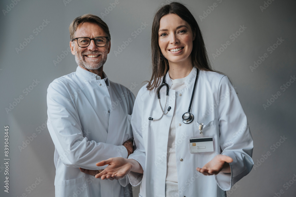 Smiling doctors standing against wall in hospital