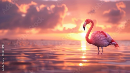 A pink flamingo standing in the water at sunset with pink hue