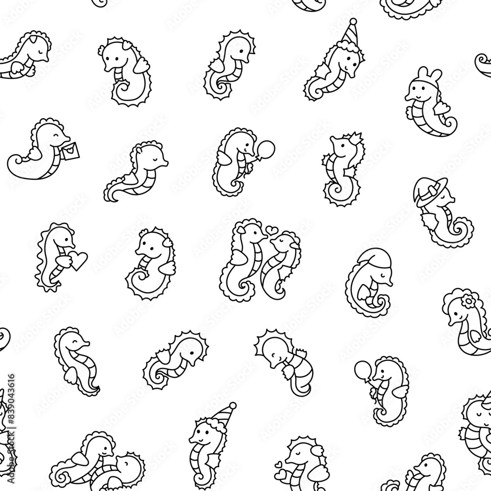 Fototapeta premium Cute kawaii seahorse. Seamless pattern. Coloring Page. Cartoon underwater animal characters. Hand drawn style. Vector drawing. Design ornaments.