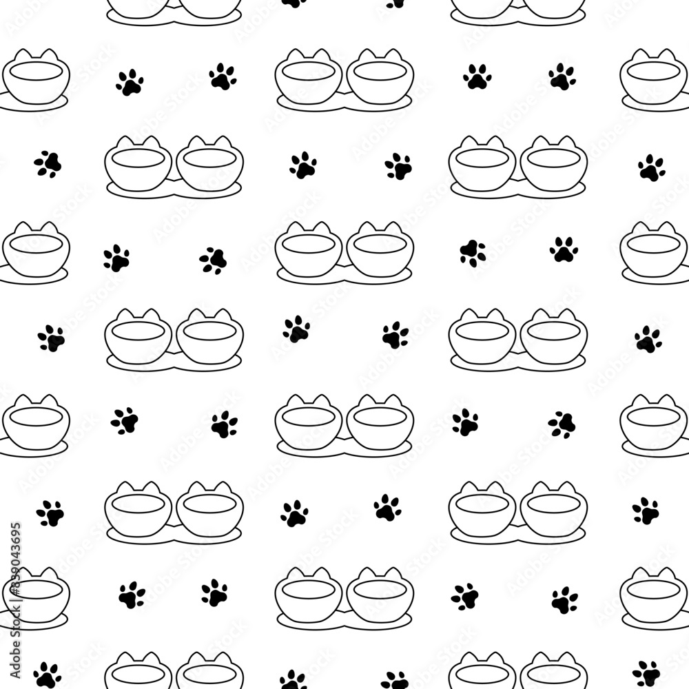 Cat and dog bowl. Seamless pattern. Coloring Page. Pet food. Veterinary shop merchandise. Hand drawn style. Vector drawing. Design ornaments. Cat and dog bowl. Seamless pattern. Coloring Page. Pet food. Veterinary shop merchandise. Hand drawn style. Vector drawing. Design ornaments.