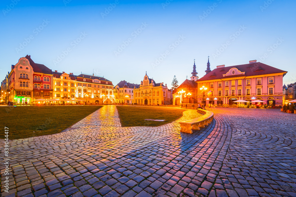 Timisoara, Banat. Twilight image with Baroque beautiful Union Square, travel in Romania.