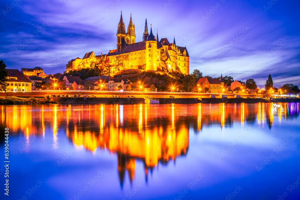 Meissen, Germany. Twilight blue sky, Albrechtsburg castle and cathedral on the River Elbe, Saxony.