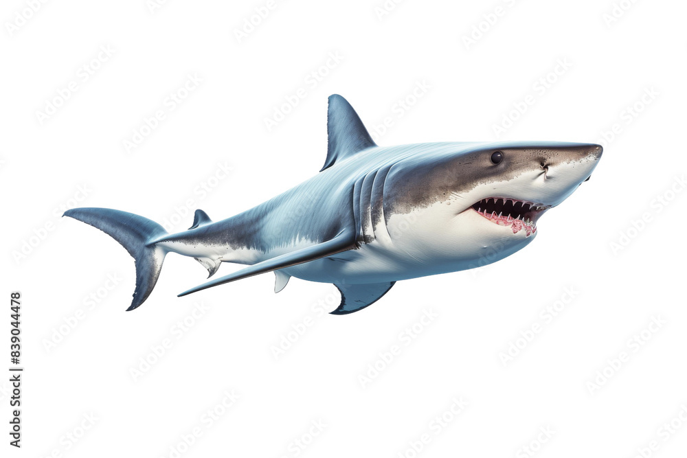Naklejka premium Majestic Hunter: A Great White Shark in an Ethereal Sea on a White or Clear Surface PNG Transparent Background..