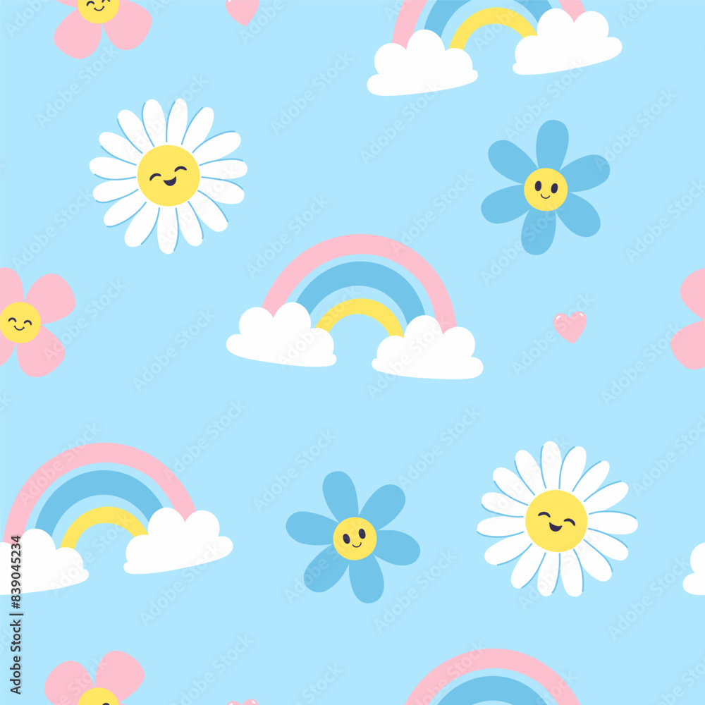 Seamless pattern with cute kawaii flowers and rainbows in pastel colors. Vector graphics. Seamless pattern with cute kawaii flowers and rainbows in pastel colors. Vector graphics.