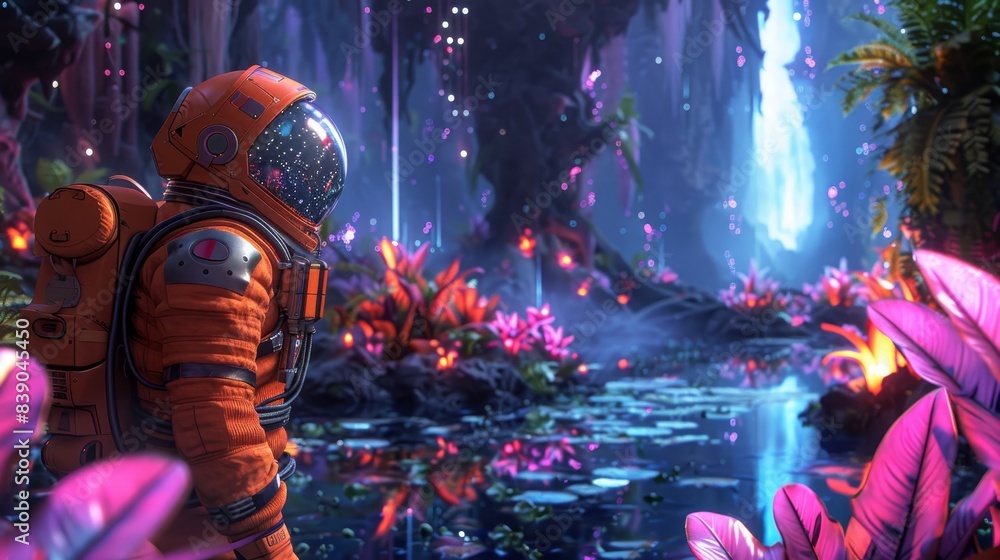 Futuristic orange alien explorer in a neon-lit alien jungle, exotic plants and glowing flora, cutting-edge exploration gear Futuristic orange alien explorer in a neon-lit alien jungle, exotic plants and glowing flora, cutting-edge exploration gear
