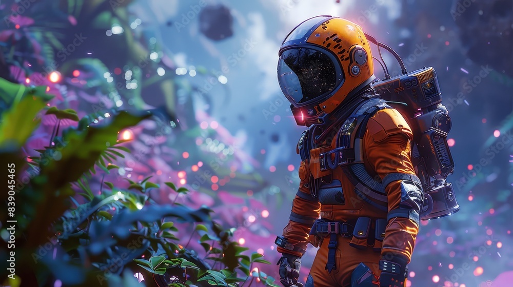 Futuristic orange alien explorer in a neon-lit alien jungle, exotic plants and glowing flora, cutting-edge exploration gear Futuristic orange alien explorer in a neon-lit alien jungle, exotic plants and glowing flora, cutting-edge exploration gear