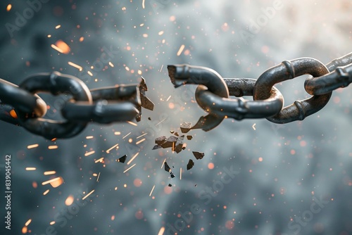 Explosive moment. Iron chain breaking with sparks and smoke around. The style is dramatic and intense. Ideal for conflict and freedom themes. Can be used for visual storytelling