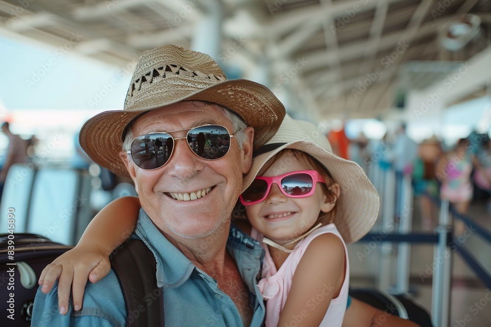 Grandfather and granddaughter at airport in summer hats. Smiling family moment. Vacation travel theme, casual style. The joy of traveling together captured beautifully in this image. Generative AI Grandfather and granddaughter at airport in summer hats. Smiling family moment. Vacation travel theme, casual style. The joy of traveling together captured beautifully in this image. Generative AI