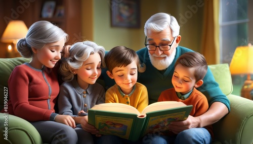 A warm family scene with grandparents and grandchildren enjoying a story together on a cozy sofa. Perfect for themes of family bonding, storytelling, and multigenerational love.. AI Generation