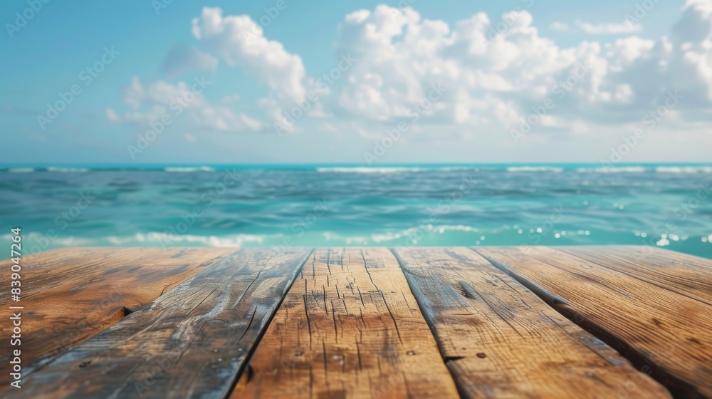 Empty wooden table top for product display, presentation stage. Sunny seascape in the background.
Empty wooden table top for product display, presentation stage. Sunny seascape in the background.