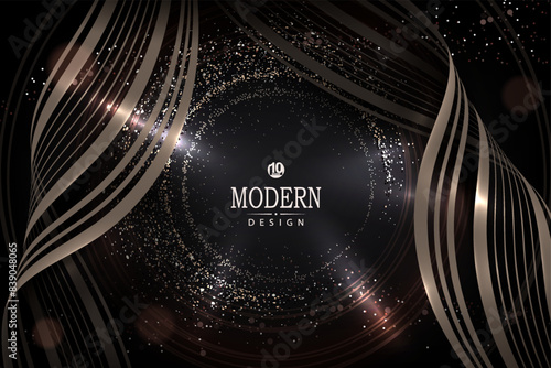 Composition with a round frame in beige with tinsel and ribbons on a dark design.