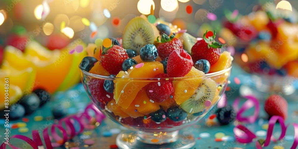 A close-up of a colorful fruit salad with sprinkles and confetti, perfect for a birthday party or other special occasion