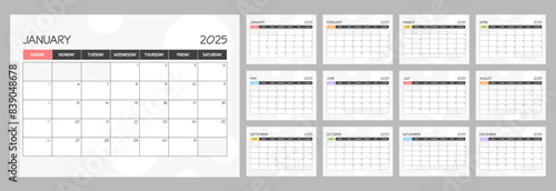 Monthly calendar rainbow schedule for 2025 year. Week Starts on Sunday