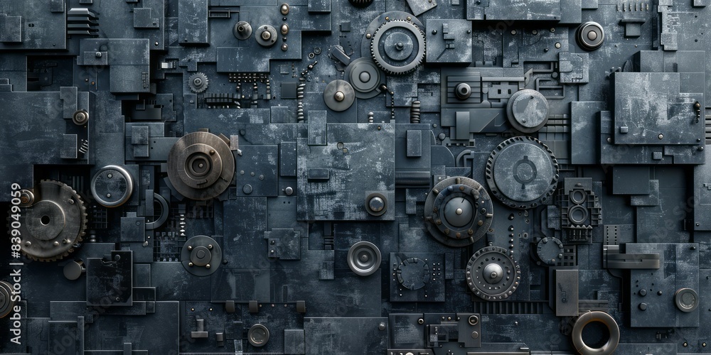 A detailed close-up of a wall composed of various metal pieces and cogs A detailed close-up of a wall composed of various metal pieces and cogs