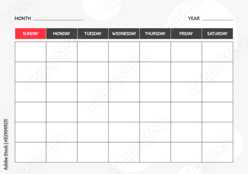 Monthly blank calendar planner template. Week Starts on Sunday