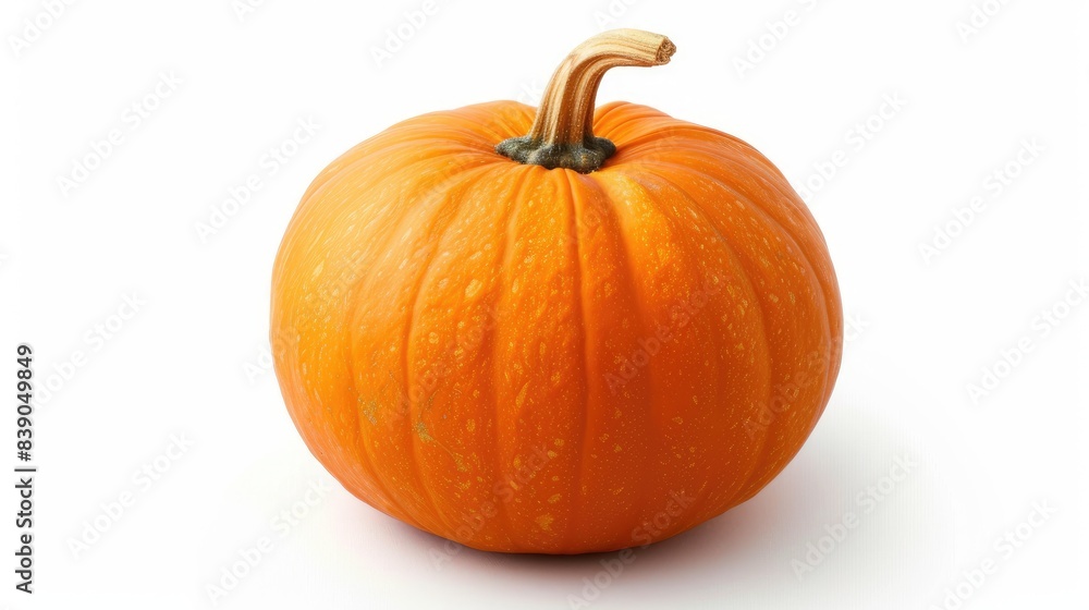 Obraz premium An orange pumpkin placed at an angle on a white background, showcasing its rich color and detailed stem.