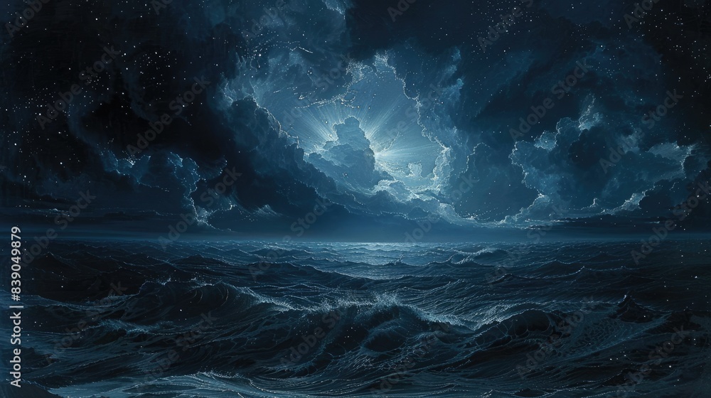 A distant storm brews over darkened seas, framed by a sky full of stars. A distant storm brews over darkened seas, framed by a sky full of stars.