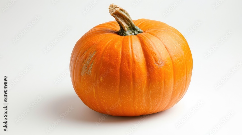 Obraz premium An orange pumpkin with its green stem intact on a clean white background, highlighting its freshness.