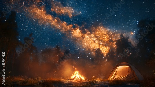 A campfire glowing under a canopy of stars, casting warm light on a group of friends gathered for a night of stargazing, Generative AI photo
