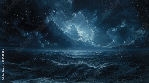 A distant storm brews over darkened seas, framed by a sky full of stars.