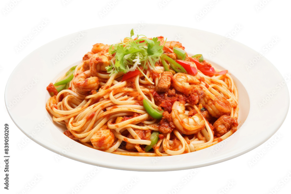 A Symphony of Flavors: Decadent Pasta With Succulent Shrimp and Colorful Peppers on a White or Clear Surface PNG Transparent Background.. A Symphony of Flavors: Decadent Pasta With Succulent Shrimp and Colorful Peppers on a White or Clear Surface PNG Transparent Background..