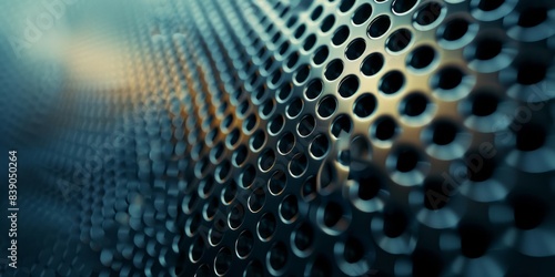 A close-up view of a dark metal sheet with a pattern of circular holes