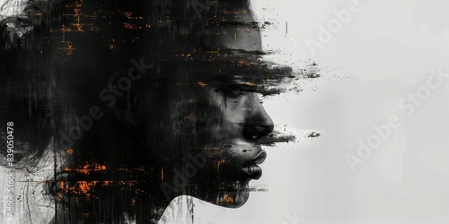 Abstract black and white digital portrait with orange accents