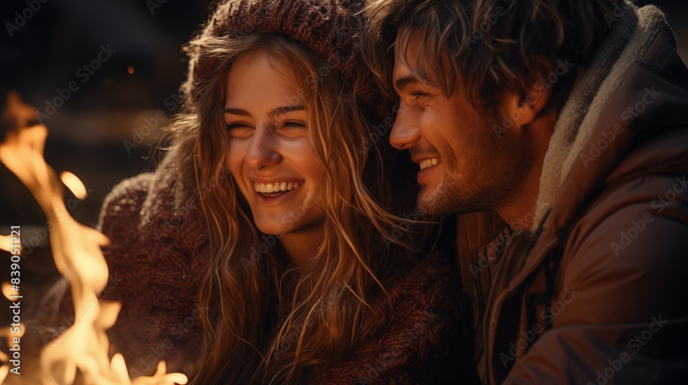 Fototapeta premium Couple sharing a cozy bonfire under the stars