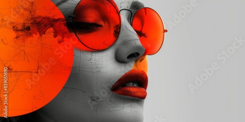 A womans face with red sunglasses and lipstick, against a monochrome abstract background