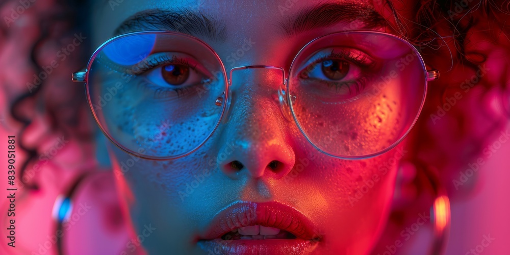 A close up portrait of a young woman wearing round glasses in red and blue lighting A close up portrait of a young woman wearing round glasses in red and blue lighting