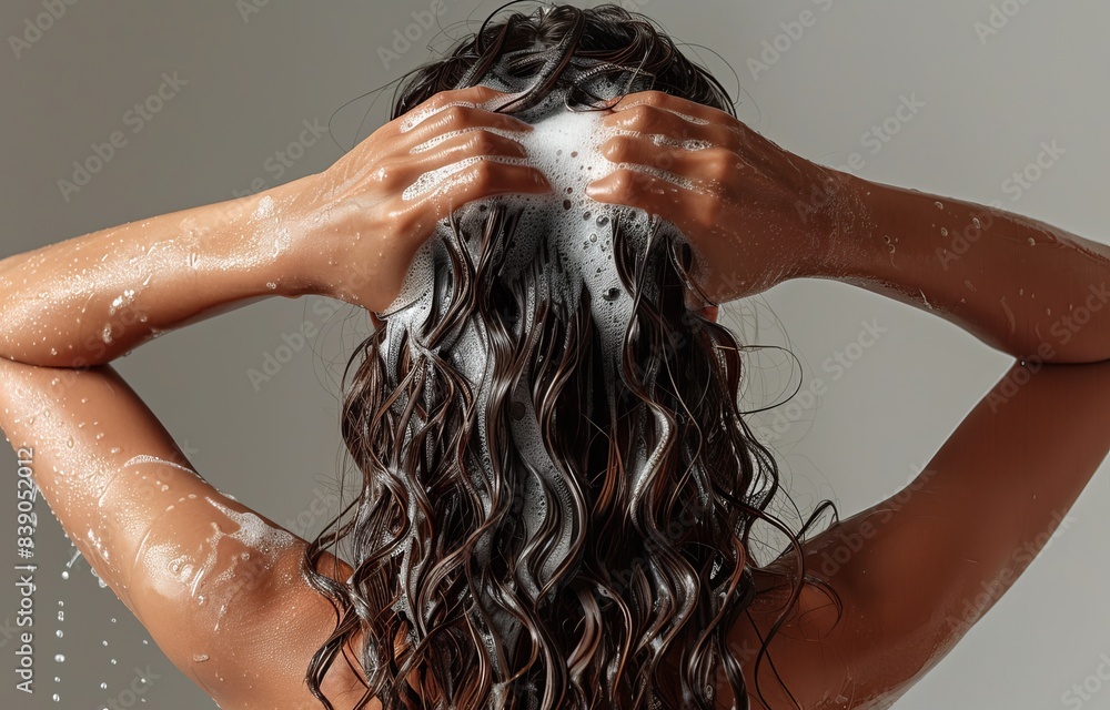 Naklejka premium Woman washing hair and showering in bathroom,female body and hair care with foam to freshness. Spa and Health care.