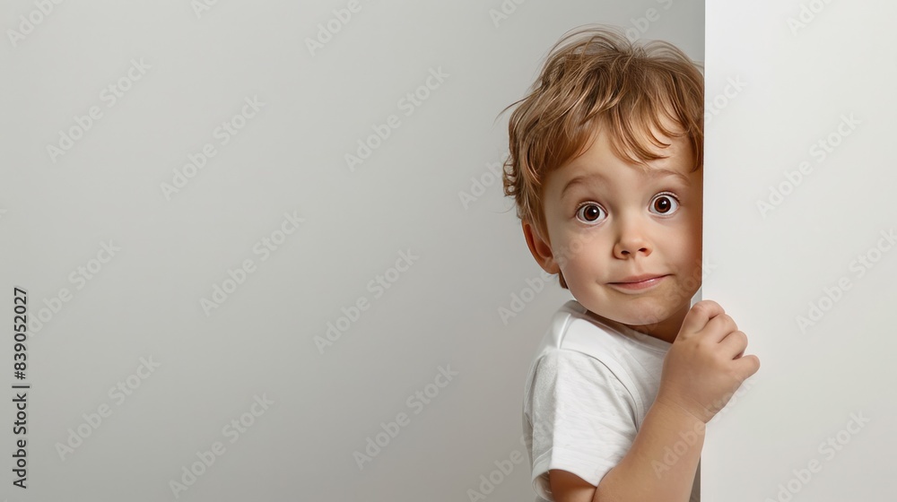 Innocent Curiosity: Little Boy Peeking Behind a White Wall on a White Background Innocent Curiosity: Little Boy Peeking Behind a White Wall on a White Background